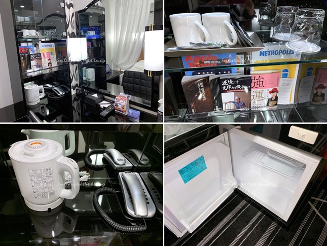 客室備品のカップや電気ポット、冷蔵庫など