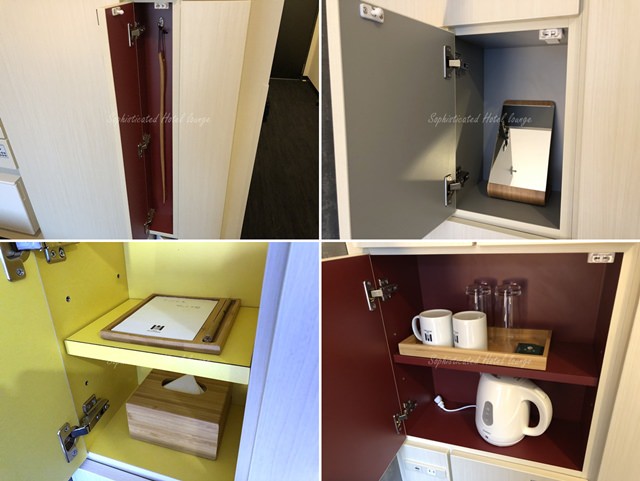 靴べら、鏡、メモ帳、ティッシュ、グラスとカップに緑茶のティーバッグと電気ケトル
